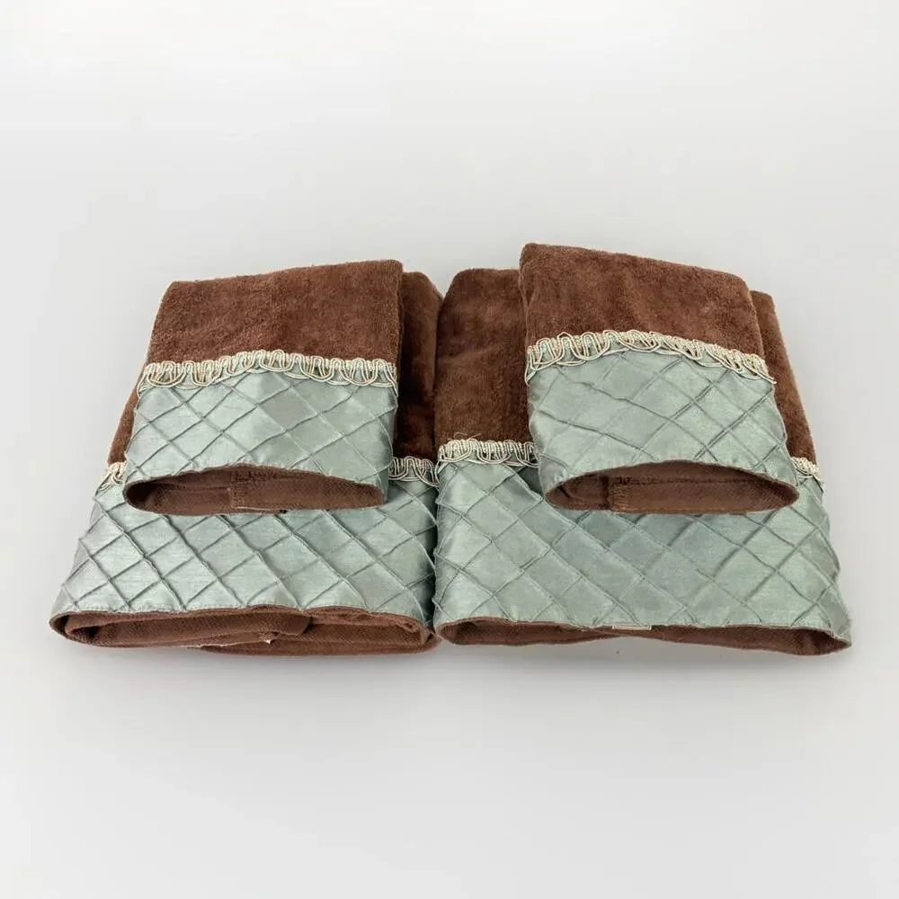 Sherry Kline Brown Bathroom Towel Set Pleated Green Diamonds 4 Pcs